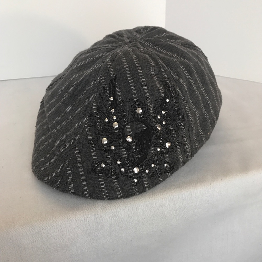 Pinstripe Embroidered Skull Silver Studs newsboy cabbie golfer hat cap Size S/M